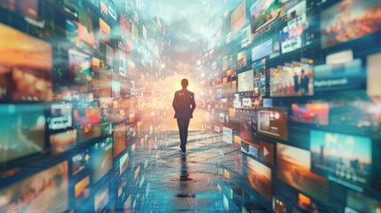 man amidst a myriad of digital screens, a metaphor for navigating the information overload of the di