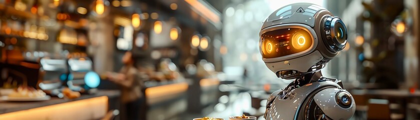 A robot waiter stands in a busy restaurant, ready to serve customers