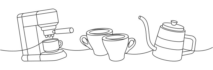 Wall Mural - Coffee set one line continuous drawing. Coffee machine, espresso cups, gooseneck kettle continuous one line illustration. Vector linear illustration.