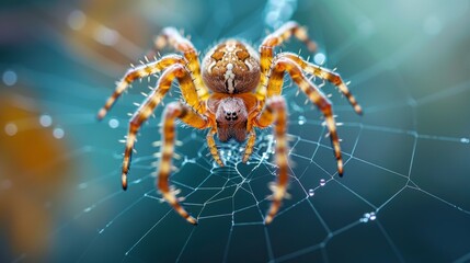Wall Mural - Macro shot of a spider weaving its web, the delicate strands and body details in sharp focus, with a dark, blurred background