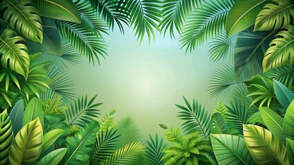 Wall Mural - Tropical forest background with border of leaves, perfect for nature-themed designs, jungle, tropical, forest, background, border, leaves, foliage, green, lush, exotic, nature, plants