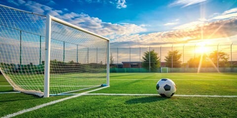 Wall Mural - Soccer field with ball in the net at daytime, soccer, field, ball, net, goal, scoring, sport, outdoor, grass, victory, winning, competition, game, team, play, activity, goalpost, sunny