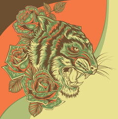 Poster - vector illustration of tiger head with rose