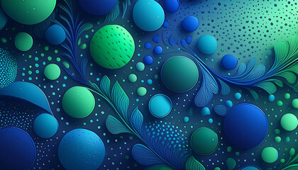 Vibrant array of blue and green bubbles of various sizes floats between undulating plant-like elements.Composition is rich in detail,the dotted patterns and lines create a sense depth and movement.AI