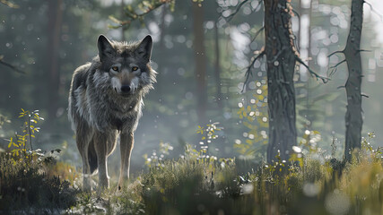 close up of a wild wolf in the park, beautiful wolf in the grass, portrait of a wolf