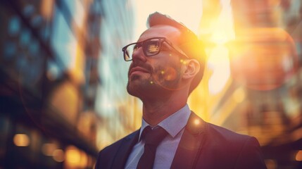 An enthusiastic businessman in a suit celebrates his success in an urban setting, with sunlight and lens flares highlighting his joyful expression.