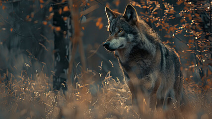 close up of a wild wolf in the park, beautiful wolf in the grass, portrait of a wolf