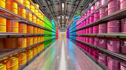 Colorful aisle of paint cans in a hardware store, showcasing a vibrant spectrum of hues. Concept of home improvement, interior design, and DIY projects.
