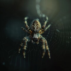 Wall Mural - Macro shot of a spider on its web, the delicate strands and body details in sharp focus, with a dark, blurred background