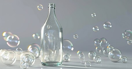 Wall Mural - Empty glass water bottle surrounded by splash of bubbles on light gray background.
