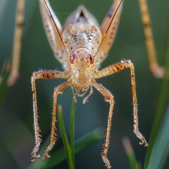 Wall Mural - Extreme close-up of a cricket's body and legs, the texture clearly visible, set against a blurred meadow background