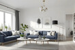 © samsulalam - Contemporary living room with grey walls, navy blue sofas, minimalist decor, and a warm, inviting atmosphere in natural light