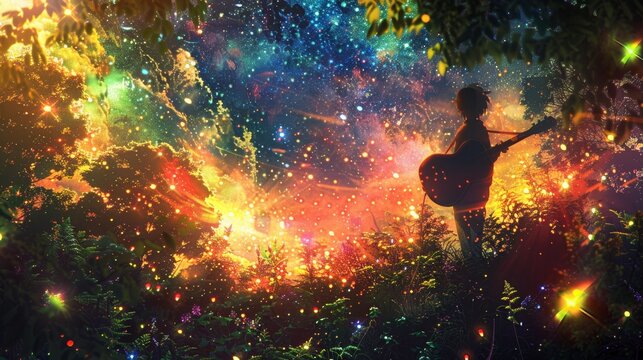 Enchanted forest guitarist under vibrant starry sky with magical lights