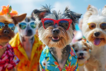 Experience the delight of a pack of cheerful dogs in vibrant Hawaiian attire and trendy sunglasses.