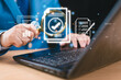 © FON's Fasai - Document management service approve concept. Inspect check system, online document database, process manage file. Businessman hold magnifying glass. Audit compliance corporate business technology