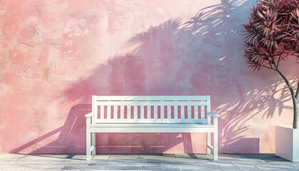 White Wooden Bench Against a Pink Wall with Potted Plant and Shadows in a Sunlit Outdoor Space