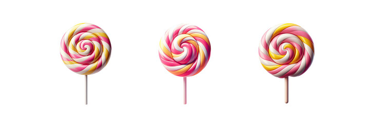 Wall Mural - Set of three Pink, white and yellow spiral lollipop icon, isolated over on transparent white background