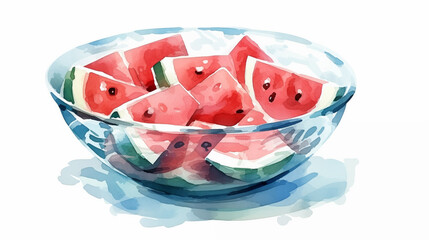 Wall Mural - Double Exposure, White background, watermelon in a bowl illustration ~ Created using Generative AI