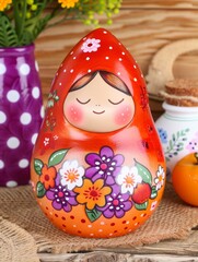 Colorful traditional matryoshka doll with floral pattern on wooden background