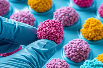 Close-up of scientist holding a colorful virus model on blue background