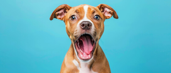 Close-up of an adorable puppy with a surprised expression against a blue background. Perfect for pet-themed projects and animal lovers.