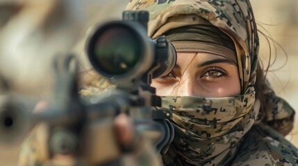 Beautiful young special military woman hijab Muslim with rifle machine gun wallpaper AI generated image