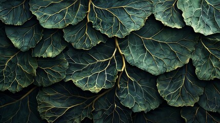 Close-Up of Lush Green Cabbage Leaves with Intricate Veins and Textures, Perfect for Nature, Agriculture, and Organic Food Themes in High-Resolution Stock Photography