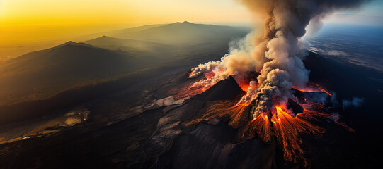 Wall Mural - volcano eruption from a bird view. volcano crater and magma flow shot from above. genertated ai.