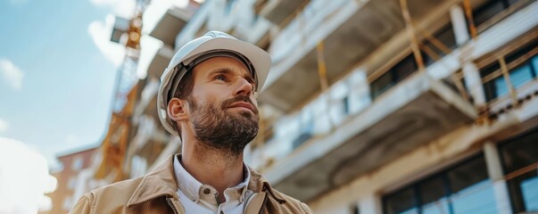 Real estate developer inspecting a construction site with a hard hat
