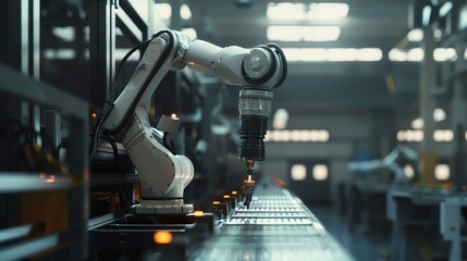 Close-up of robotic arms welding metal parts on a factory assembly line.