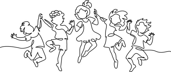 Wall Mural - happy jumping children holding hands. continuous one line drawing