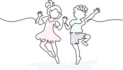 Wall Mural - happy jumping children holding hands. continuous one line drawing