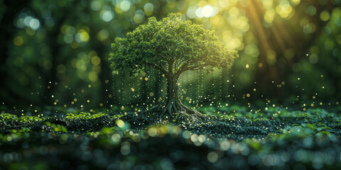 A tree with glowing molecules bound together. Illustration of a tree that binds carbon dioxide to become the source of life on earth. Forest background in blur style.