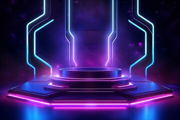 Wall Mural - Glowing podium for your product, gaming theme background, generative AI