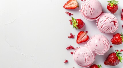 Creative concept of food, balls of strawberry ice cream on white background.