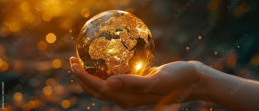 Hand holding a glowing glass globe representing Earth, surrounded by a ...