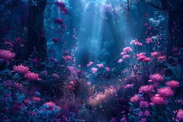 Wall Mural - Close-up shot of a mystical forest teeming with luminescent flora and fauna, captured by a high-tech drone camera, photorealistic digital rendering, vibrant colors highlighting natures magic