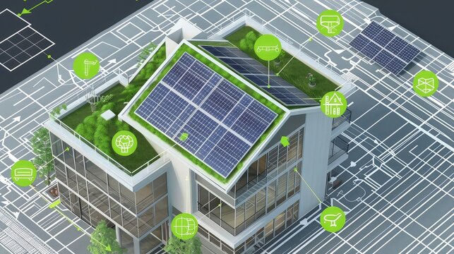 Vector icons of green roofs, solar tiles, and thermal insulation represented in a minimalist style, overlaying a detailed construction blueprint background of a modern residential building.