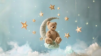 Wall Mural -  A cuddly teddy bear sitting on soft clouds, surrounded by glittering stars and a glowing crescent moon, creating a magical and serene night-time scene.