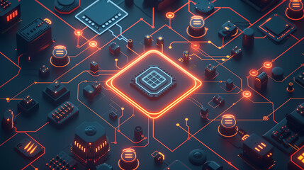Wall Mural - A computer chip is shown in a black and orange background