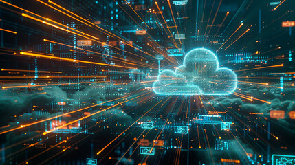 A computer generated image of a cloud with a bright blue center and orange