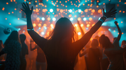 Happy people dance in nightclub DJ party concert and listen to electronic dancing music from DJ on the stage. Silhouette's cheerful crowd celebrates the Ne Year party in 2025. People lifestyle design.
