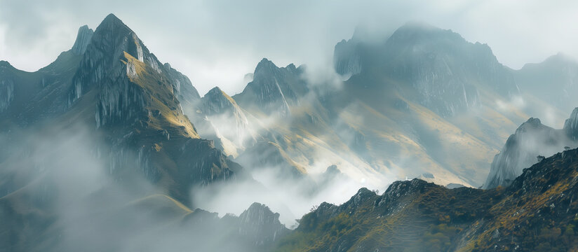 A tranquil mountain landscape with a softly lit valley and gentle fog