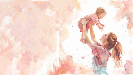 Pink watercolor paint of A mother playing lift with new born baby kid