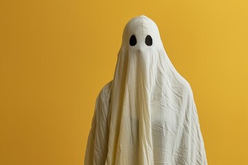 Poster - In this delightful 3D illustration mockup and rendering, a friendly ghost, adorned in a white sheet, stands in a charming scene against an isolated yellow background.