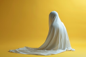 Poster - In this delightful 3D illustration mockup and rendering, a friendly ghost, adorned in a white sheet, stands in a charming scene against an isolated yellow background.