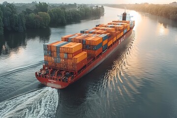 Wall Mural - Large Cargo Ship Traveling Down River