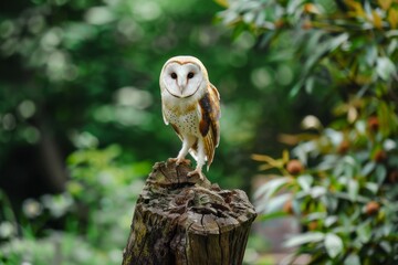 Wall Mural - A Barn Owl standing on top of a tree trunk with green nature background, looking at the view.