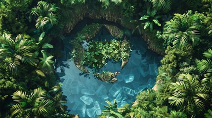 Wall Mural - A beautiful 3D image shows a pond with a recycling symbol in the middle of a jungle to highlight the importance of recycling and reusing to protect the environment.