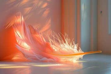 A realistic illustration of a lightweight and smooth feather with orange tips that fade to white, a part of a bird's body, is falling on a floor softly.